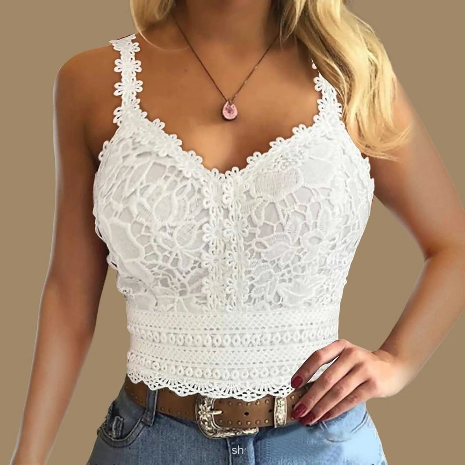 Sexy Spitzen-Crop-Top mit V-Ausschnitt – Ärmelloses Tanktop für Damen